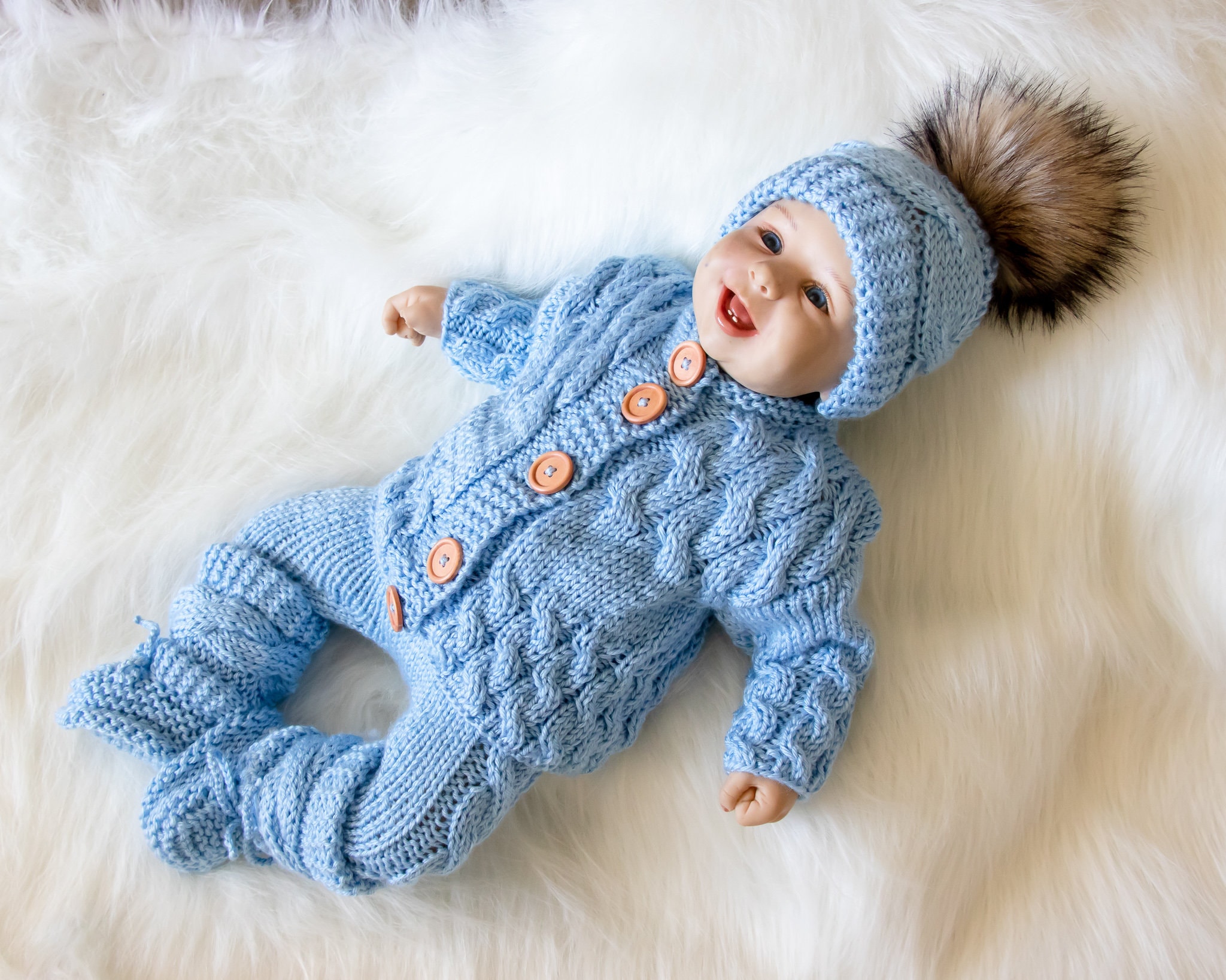 0-3 months Baby boy coming home outfit, Blue outfit, Hand Knit baby