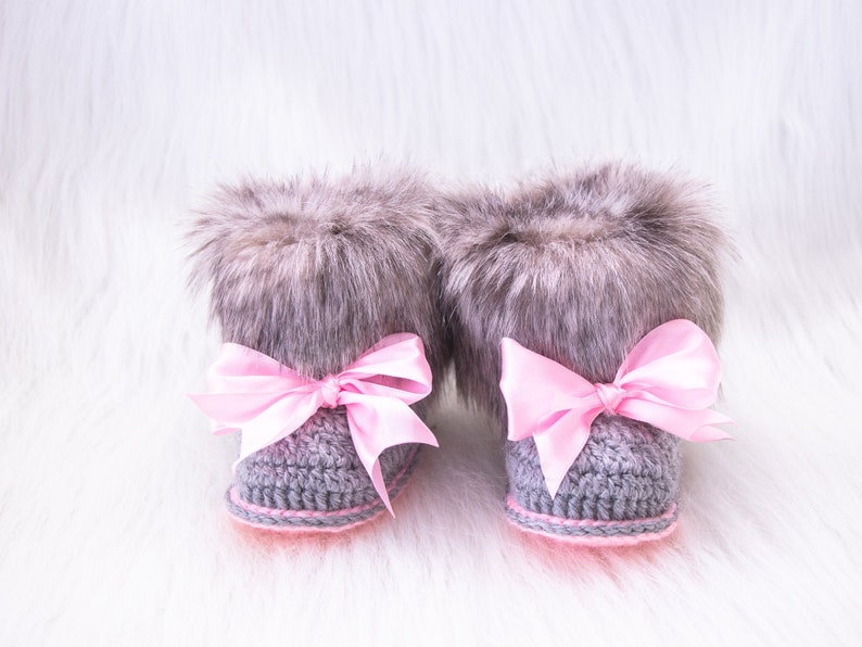 Gray and pink fur booties, Newborn girl shoes, Preemie girl shoes, Crochet slippers, Baby girl gift, Baby girl shoes, Baby girl boots, Uggs image 9