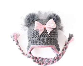 Crochet Double pom pom hat with bow, Girls earflap hat, Baby girl hat, Winter hat, Toddler girl hat, Sizes preemie to adult