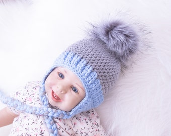 Chapeau baby boy avec fourrure Pom pom, chapeau pour bébé, chapeau pour bébé, chapeau d’hiver pour enfants, chapeau Earflap au crochet, chapeau de garçon nouveau-né, chapeau d’hiver pour tout-petits, chapeau garçon