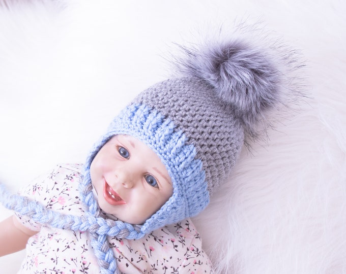 Baby Boy hat with fur Pom pom, Infant hat, Baby hat, Kids winter hat, Crochet Earflap Hat, Newborn boy hat, toddler winter hat, Boy hat