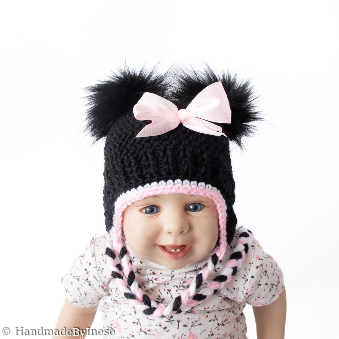 Minnie Mouse Hat, Baby Girl Hat, Double Pom Pom Hat, Black and Pink Hat