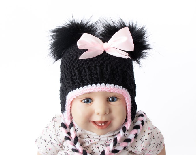 Minnie Mouse hat, Baby girl hat, Double pom pom hat, Black and pink hat, Crochet earflap hat, Newborn girl hat, Hat sizes preemie to adult