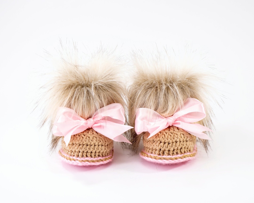 Gold and Pink Baby Girl Faux Fur Booties With Bows, Crochet Baby