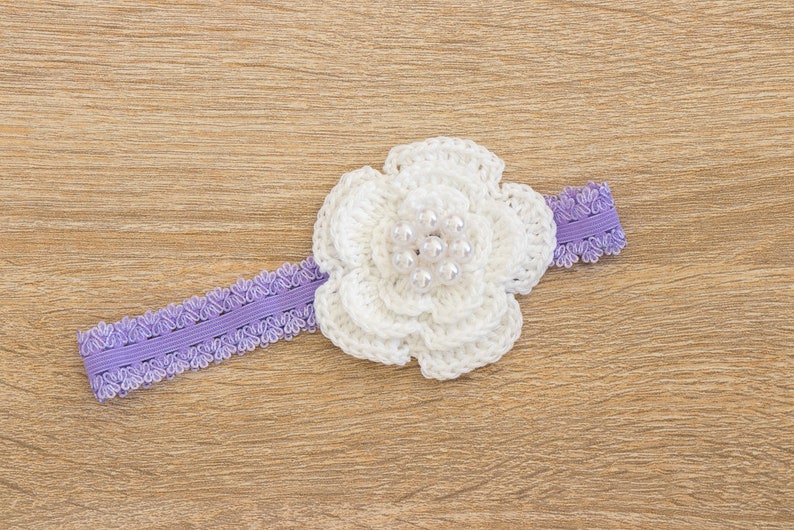 Baby shower gift Purple and white Baby Girl flower Headband Crochet headband Baby girl gift- Newborn Headband Purple baby headband