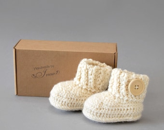 Beige baby booties, Newborn booties, Infant booties, Preemie shoes, gender neutral baby booties, Button booties, Booties in a box, Baby gift