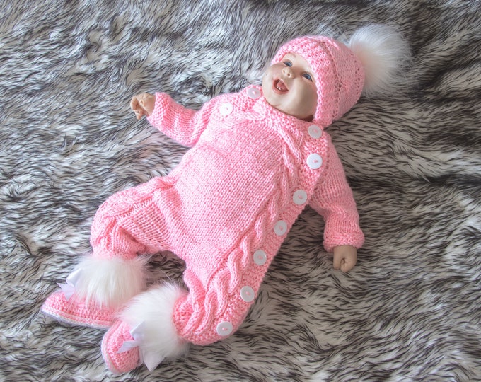 Pink Baby girl home coming outfit,  Hand knitted Jumpsuit set, Overall, hat and booties set, Newborn girl take home outfit, Baby girl gift