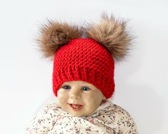 Red Baby hat, Double pom pom hat, Fur pom pom beanie, Teen-adult hat, Newborn girl hat, Preemie hat, Winter hat, Kids hat, Toddler hat