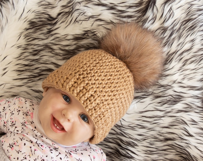 Crochet fur pom pom beanie - Gold Baby hat - Baby winter hat - baby gift - Baby hat - Crochet baby hat - Newborn baby hat - Faux fur pompom