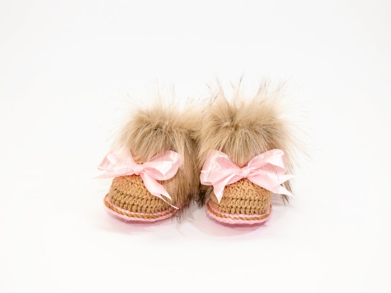 Gold and pink Baby girl Faux fur Booties with bows, Crochet baby booties, Newborn girl winter shoes, Baby girl gift, Preemie girl booties image 7