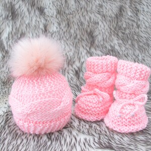 Pink Baby Booties and hat, Knitted Baby Hat, Knitted Baby Booties, Baby girl outfit, Baby girl booties, Baby girl beanie, Baby girl gift image 7