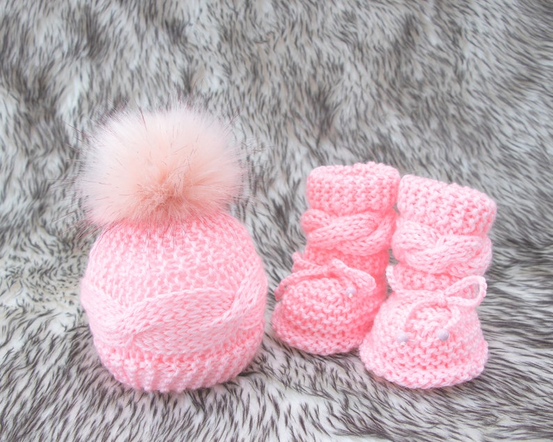 Pink Baby Booties and hat, Knitted Baby Hat, Knitted Baby Booties, Baby girl outfit, Baby girl booties, Baby girl beanie, Baby girl gift image 7