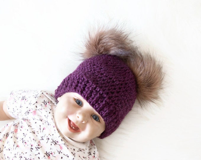 Grape Purple Baby double pom pom hat, Fur double pom pom beanie, Newborn hat, Preemie girl hat, Baby Winter hat, Kids hat, Toddler girl hat