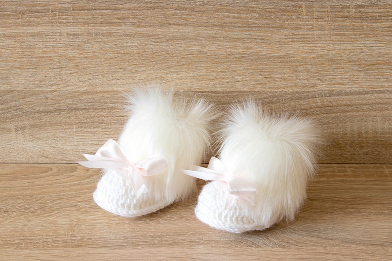 White Baby Girl Faux Fur Booties With Bows and Double Pom Hat Etsy