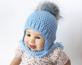 Crochet Baby Boy Earflap hat with fur Pom pom, Infant boy hat, Baby boy hat, Kids winter hat, Newborn boy hat, toddler winter hat