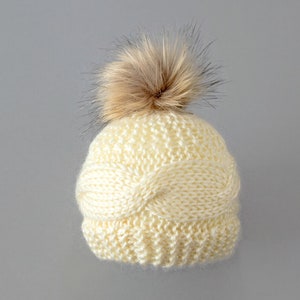 Cream hand knitted hat with faux fur pom pom, Teen-adult hat, Baby hat, Toddler hat, Winter hat, Gender neutral hat, Newborn hat, Unisex hat image 4