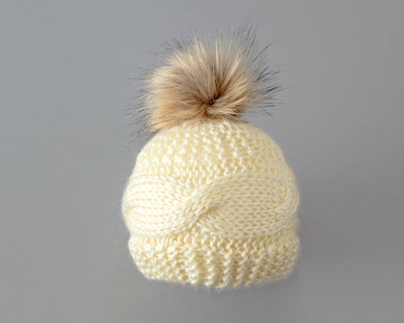 Cream hand knitted hat with faux fur pom pom, Teen-adult hat, Baby hat, Toddler hat, Winter hat, Gender neutral hat, Newborn hat, Unisex hat image 4