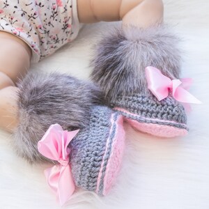 Gray and pink fur booties, Newborn girl shoes, Preemie girl shoes, Crochet slippers, Baby girl gift, Baby girl shoes, Baby girl boots, Uggs image 5