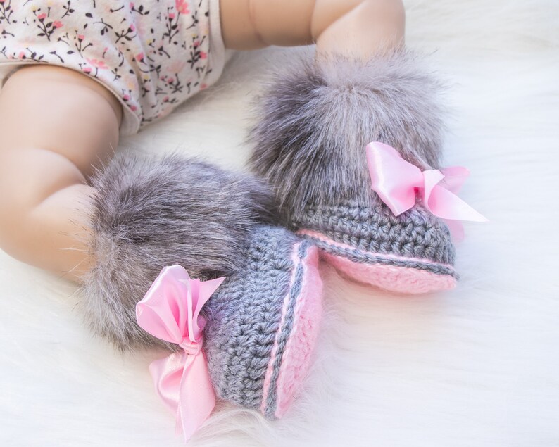 Gray and pink fur booties, Newborn girl shoes, Preemie girl shoes, Crochet slippers, Baby girl gift, Baby girl shoes, Baby girl boots, Uggs image 5