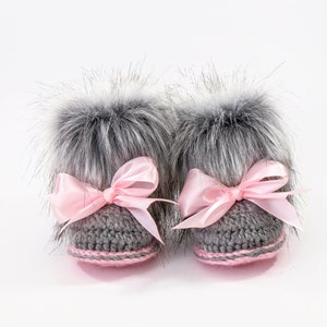 Gray and pink Baby girl double pom pom hat and bootie set, Newborn Girl gift, Baby girl winter clothes, Preemie girl clothes, Fur booties image 3