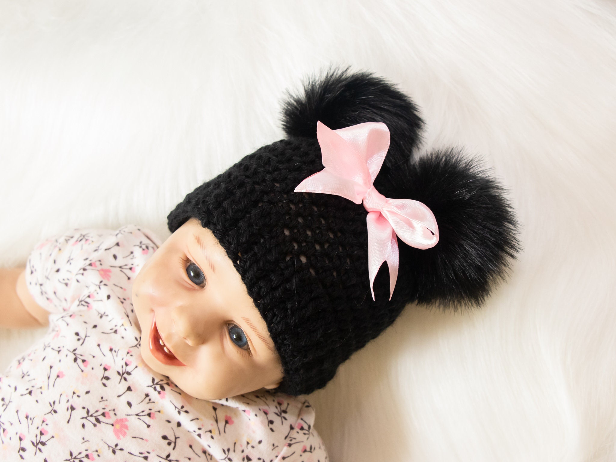 Disney Baby Minnie Mouse Mädchen Winter Bommel Mütze rosa beige Punkte 