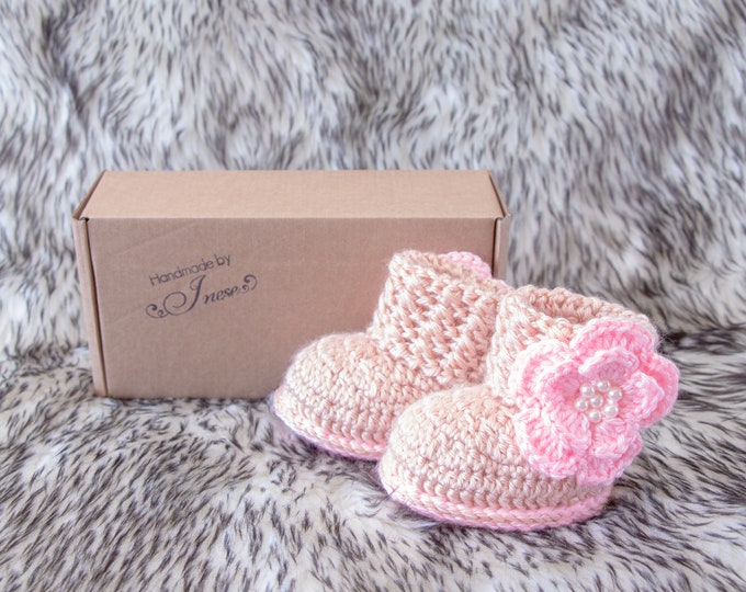 Peach Melba booties, Crochet baby girl flower booties, Infant shoes, Baby girl shoe, Newborn girl boots, Preemie girl booties,Baby girl gift