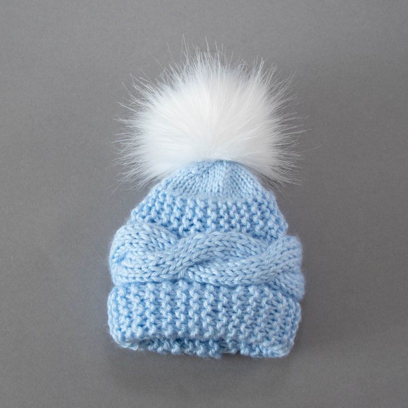 Blue hand knitted pom pom hat, Newborn boy hat, Preemie boy hat, Boys winter hat image 2