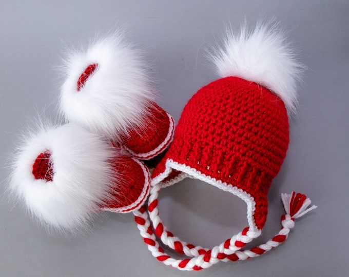 Baby Christmas outfit, Baby Hat and Booties, First Christmas Gift, Earflap hat, Fur Booties, Newborn winter outfit, Baby Booties, Baby Hat