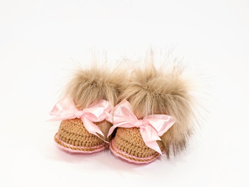 Gold and pink Baby girl Faux fur Booties with bows, Crochet baby booties, Newborn girl winter shoes, Baby girl gift, Preemie girl booties image 8