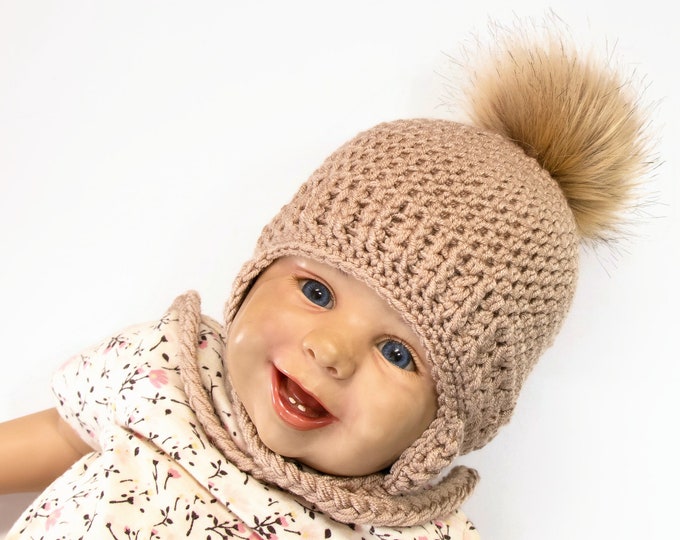 Beige Unisex earflap hat with fur pom pom, Gender neutral hat, Baby winter hat, Preemie hat, Baby hat, Crochet Newborn hat, Preemie to adult
