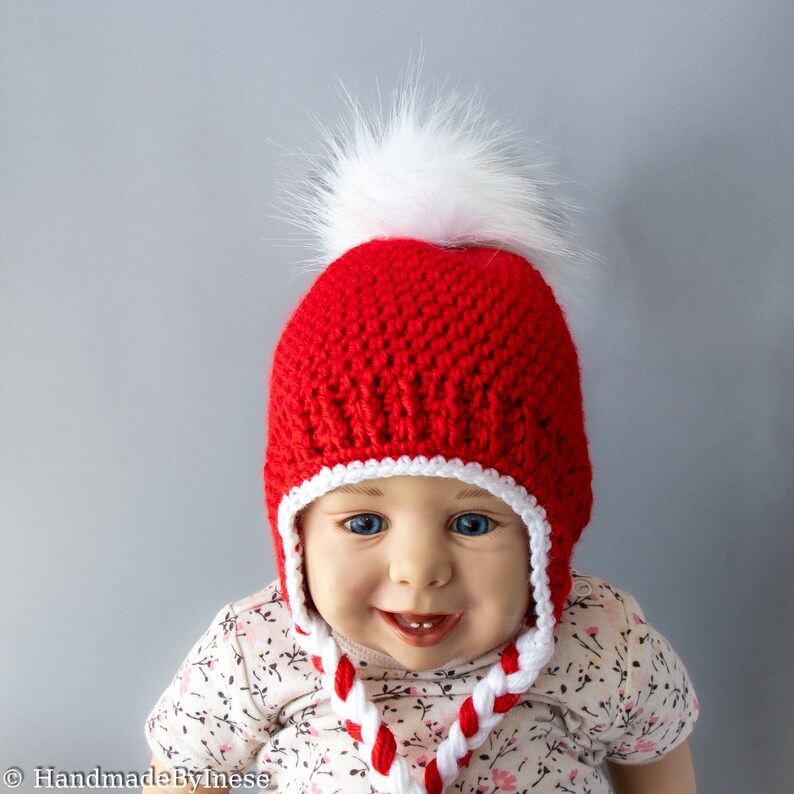 Christmas hat, Crochet baby hat, Earflap hat, Fur pom hat, Winter hat, Baby photo prop Hat, Kids hat, Newborn hat, Red and white Preemie hat image 1