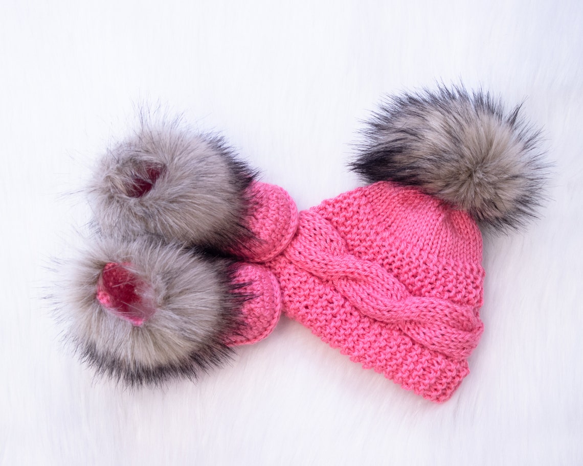 Raspberry Pink Baby Girl Hat and Booties With Fur Baby Girl Etsy