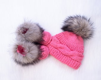 Chapeau et bottines de bébé fille rose framboise avec fourrure, Vêtements d’hiver pour bébé fille, Bottines en fourrure, Chapeau Pom pom, Vêtements pour bébé fille, Cadeau pour bébé fille