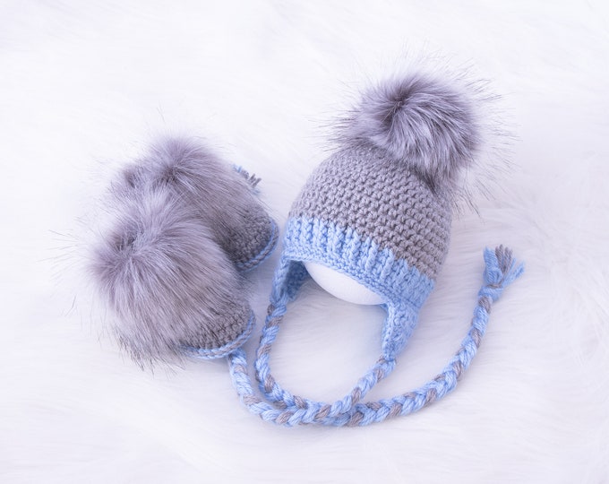 Crochet Baby boy hat and booties set, Fur pom pom hat, Fur booties, Newborn boy winter clothes, Infant booties and hat, Boy Baby shower gift