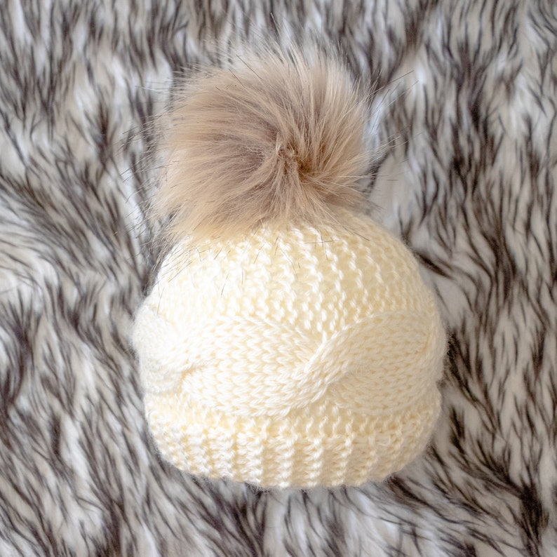 Cream hand knitted hat with faux fur pom pom, Teen-adult hat, Baby hat, Toddler hat, Winter hat, Gender neutral hat, Newborn hat, Unisex hat image 6