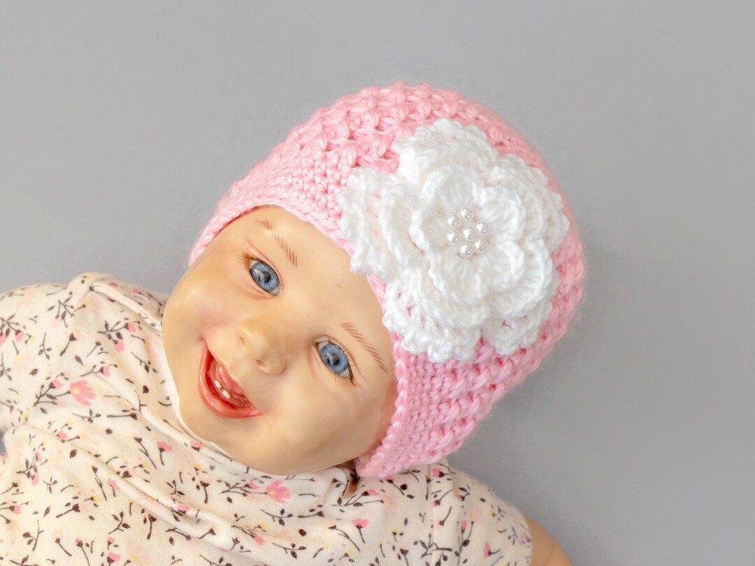 Pink and White Baby Girl Flower Hat, Crochet Newborn Hat, Baby Girl Hat