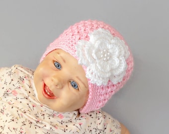 Pink and white Baby girl flower hat, Crochet newborn hat, Baby girl hat, Flower beanie, Baby girl gift, Crochet beanie, Toddler girl hat