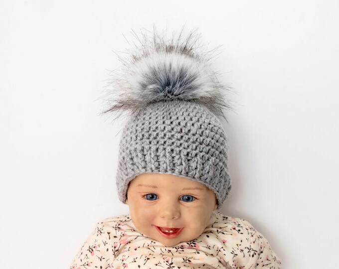 Stone Gray hat, Matching family hats, Crochet baby hat, Fur pom pom hat, Gender neutral hat, Winter hat, Kids hat, Baby beanie, Toddler hat
