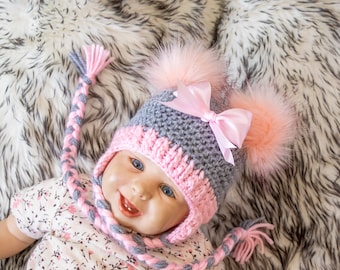 Gray and Pink Double pom hat with bow, Newborn girl hat, Baby girl hat, Baby girl gift, Fur pom hat, Baby girl Winter hat, Toddler girl hat