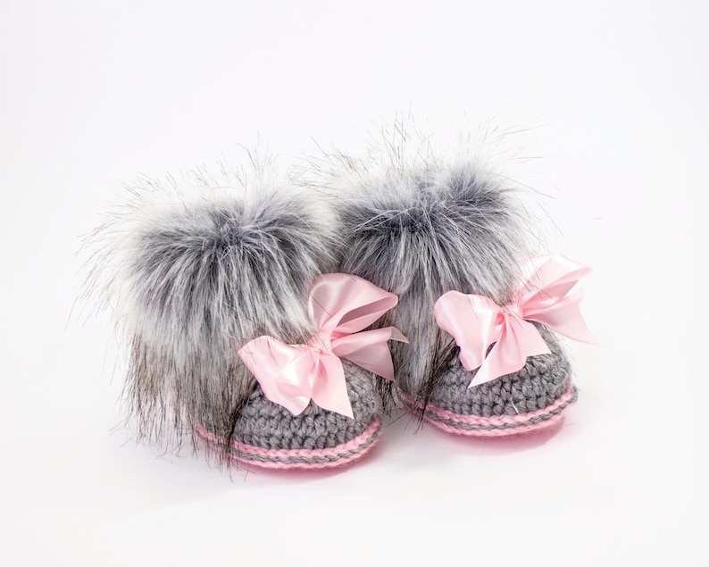 Gray and pink Baby girl double pom pom hat and bootie set, Newborn Girl gift, Baby girl winter clothes, Preemie girl clothes, Fur booties image 8