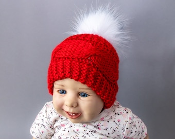 Hand knitted Christmas Hat, Red baby hat with fur pom pom, Newborn hat, Preemie baby winter hat, Toddler winter hat, Matching family hats