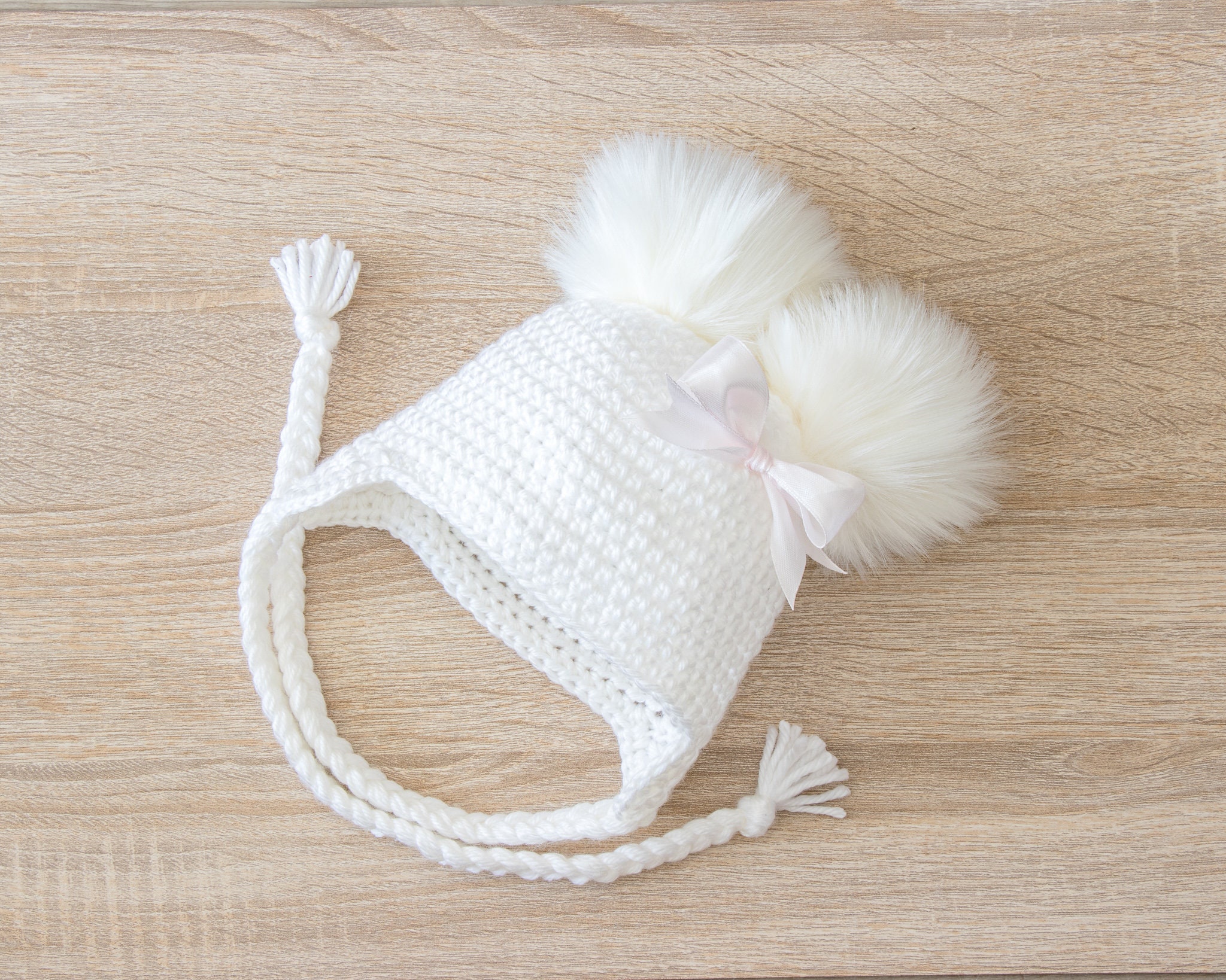 White Double pom Baby girl hat with bow Newborn girl hat Etsy