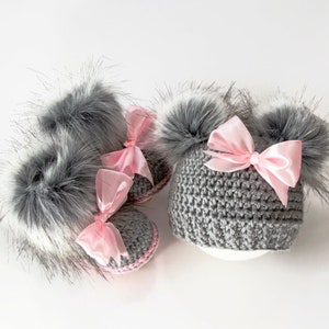 Gray and pink Baby girl double pom pom hat and bootie set, Newborn Girl gift, Baby girl winter clothes, Preemie girl clothes, Fur booties image 4