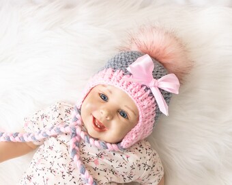 Gray and pink Fur Pom pom hat with bow, Girls Winter hat, Crochet earflap hat, Newborn girl hat, Baby girl gift, Preemie hat, Toddler hat