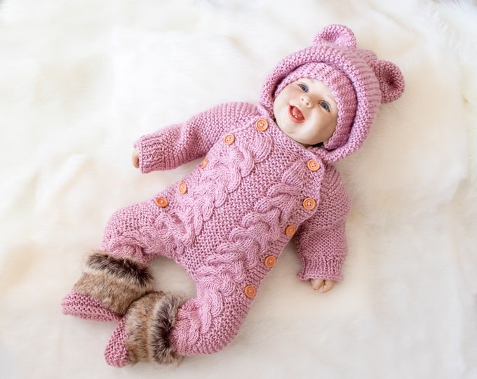 Pink Baby girl home coming outfit,  Hand knitted Jumpsuit set, Overall, hat and booties set, Newborn girl take home outfit, Baby girl gift