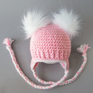 Pink and white double pom pom earflap hat, Preemie girl hat, Newborn girl hat, Baby girl hat, Crochet Winter hat, Toddler girl hat, Kids hat image 3