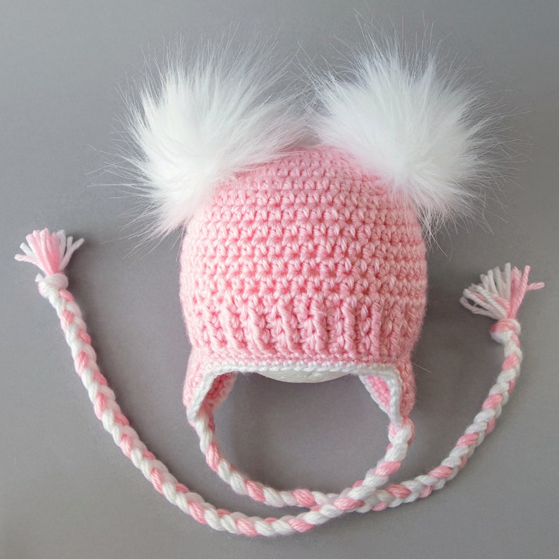 Pink and white double pom pom earflap hat, Preemie girl hat, Newborn girl hat, Baby girl hat, Crochet Winter hat, Toddler girl hat, Kids hat image 3