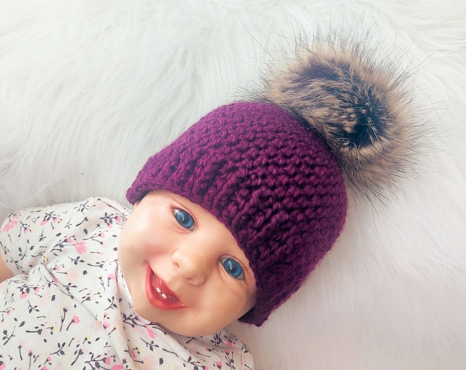 Purple pom pom beanie, Matching family hats, Crochet beanie, Fur pom hat, Gender neutral hat, Winter hat, Baby Hat, Kids hat, Baby beanie