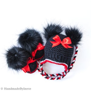 Minnie Mouse Inspired Baby girl double pom pom hat and faux fur booties with bows, Crochet baby girl earflap hat, Baby girl booties image 1