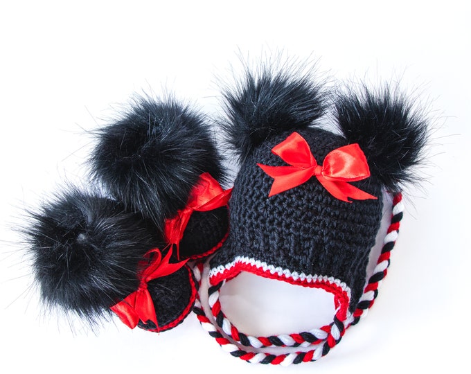 Minnie Mouse Inspired Baby girl double pom pom hat and faux fur booties with bows, Crochet baby girl earflap hat, Baby girl booties